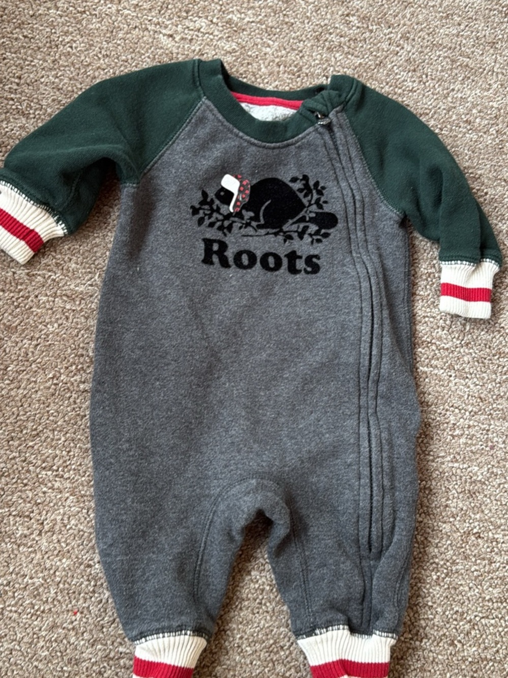 Roots Grey Fleece One-Piece with Green Sleeves and Red Trim